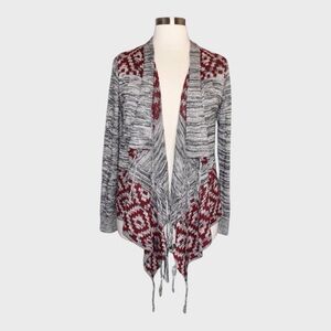 Eyeshadow Aztec Print Fringe Open Front Drape Cardigan